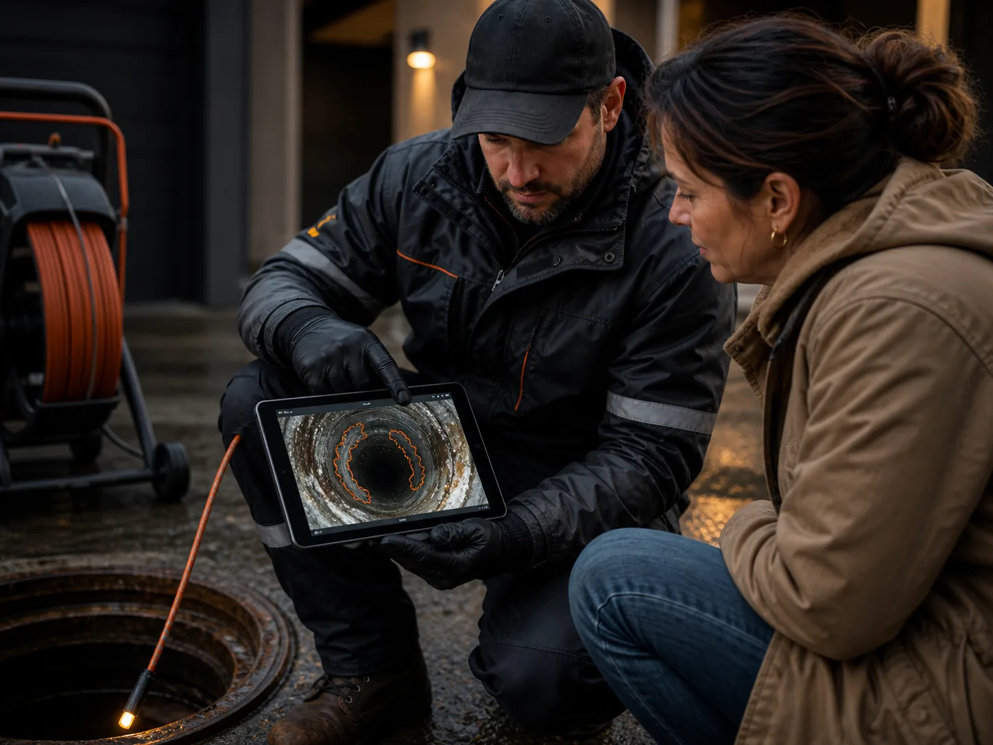 Technician showing a sewer camera inspection to a customer on a tablet