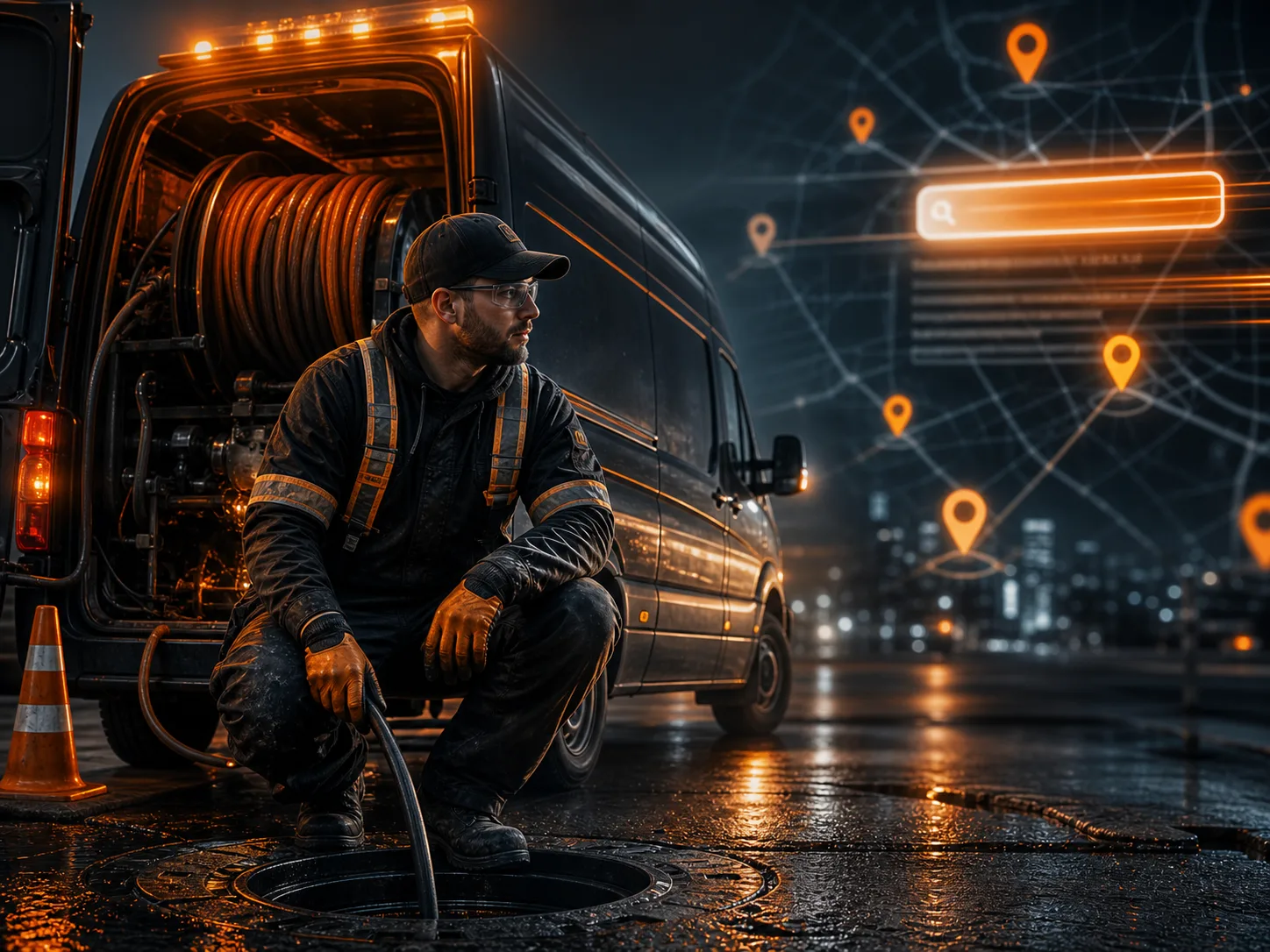 Drain service technician and van with local search map signals